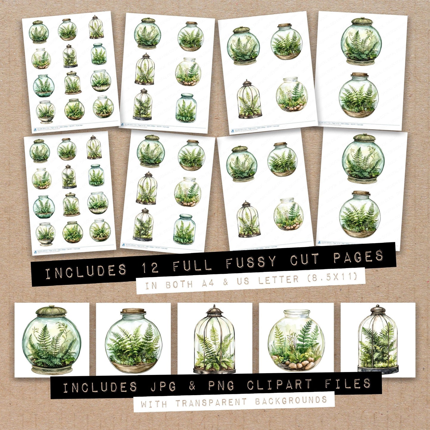 Full collection view of Terrarium Ferns fussy cut sheets with bonus clipart JPG and PNG files