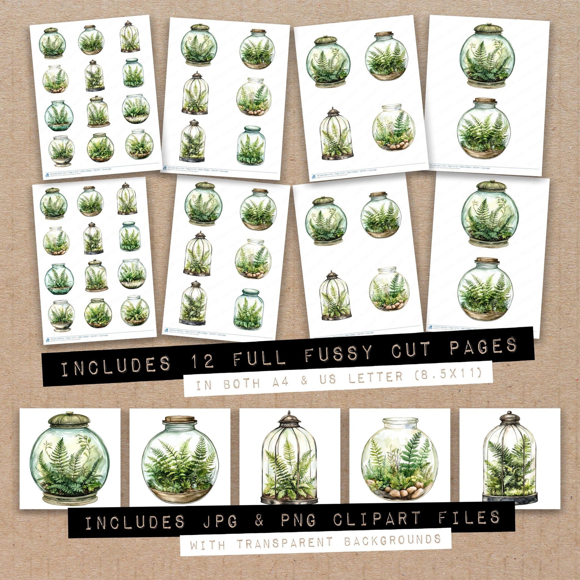 Full collection view of Terrarium Ferns fussy cut sheets with bonus clipart JPG and PNG files