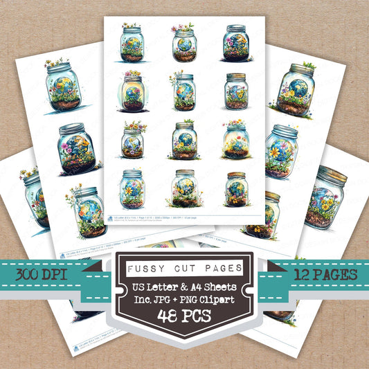 Terrarium Jar with Earth fussy cut printable sheets for junk journaling, scrapbooking, and paper craft projects