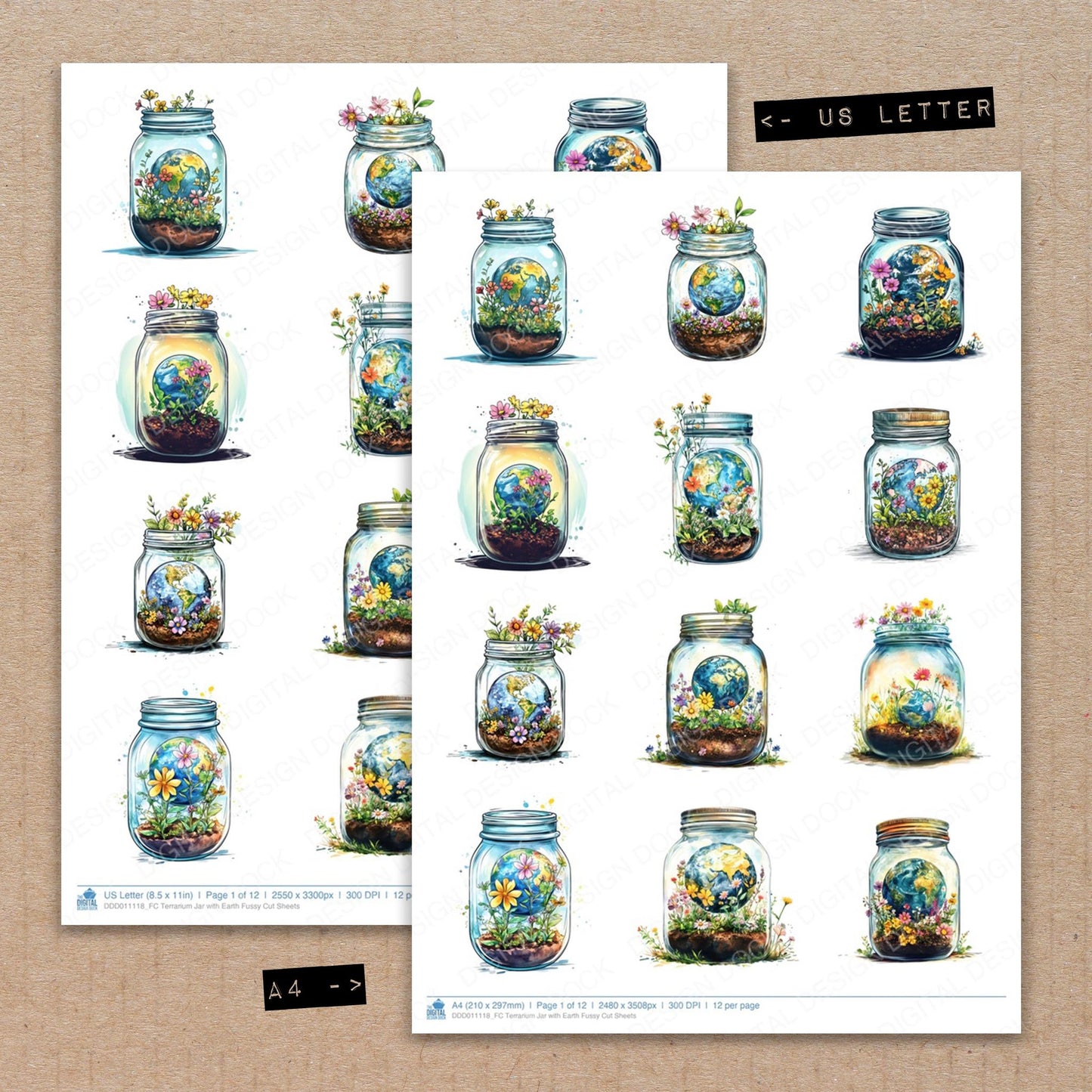 A4 and US Letter format comparison showing Terrarium Jar with Earth fussy cut pages for print and cut crafting