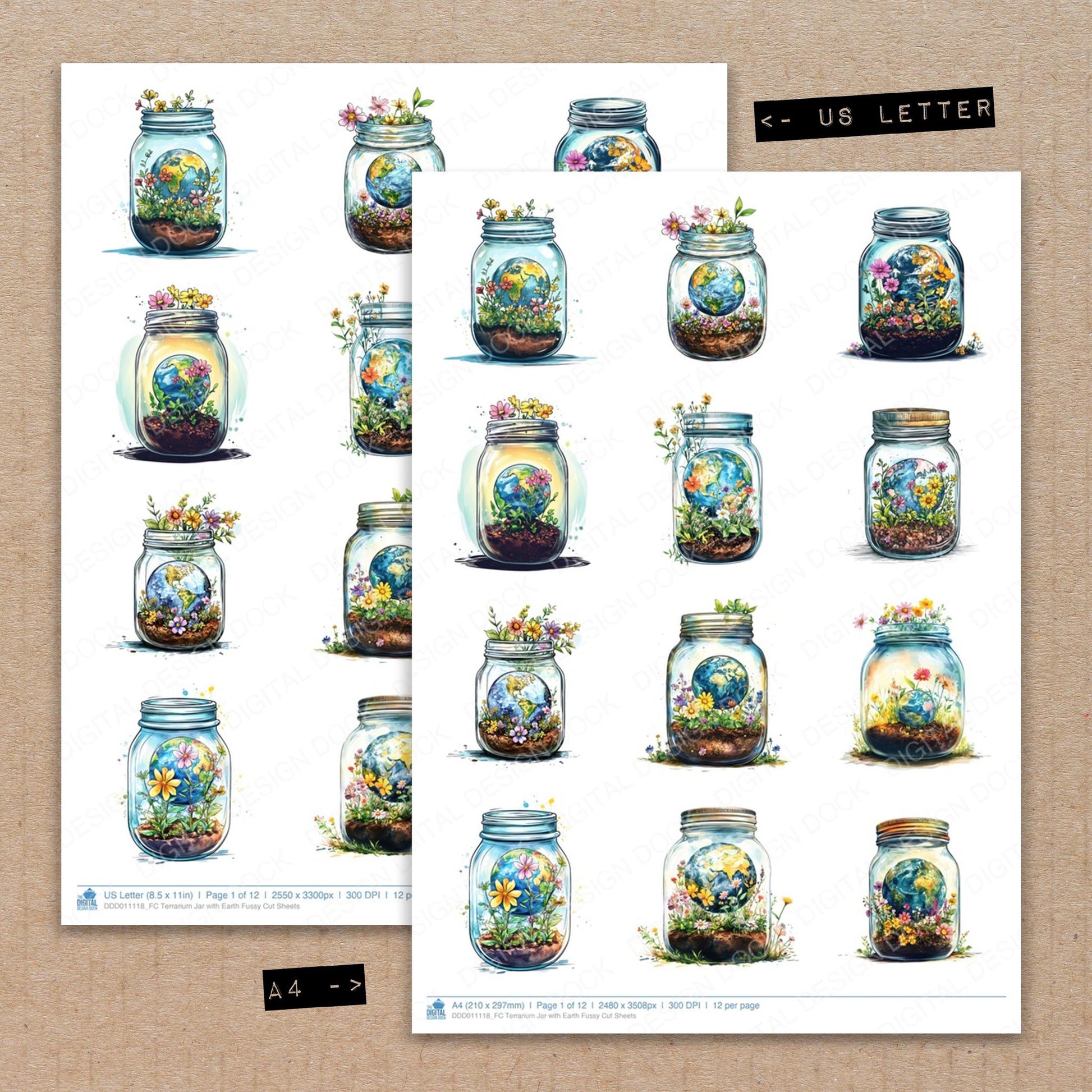 A4 and US Letter format comparison showing Terrarium Jar with Earth fussy cut pages for print and cut crafting
