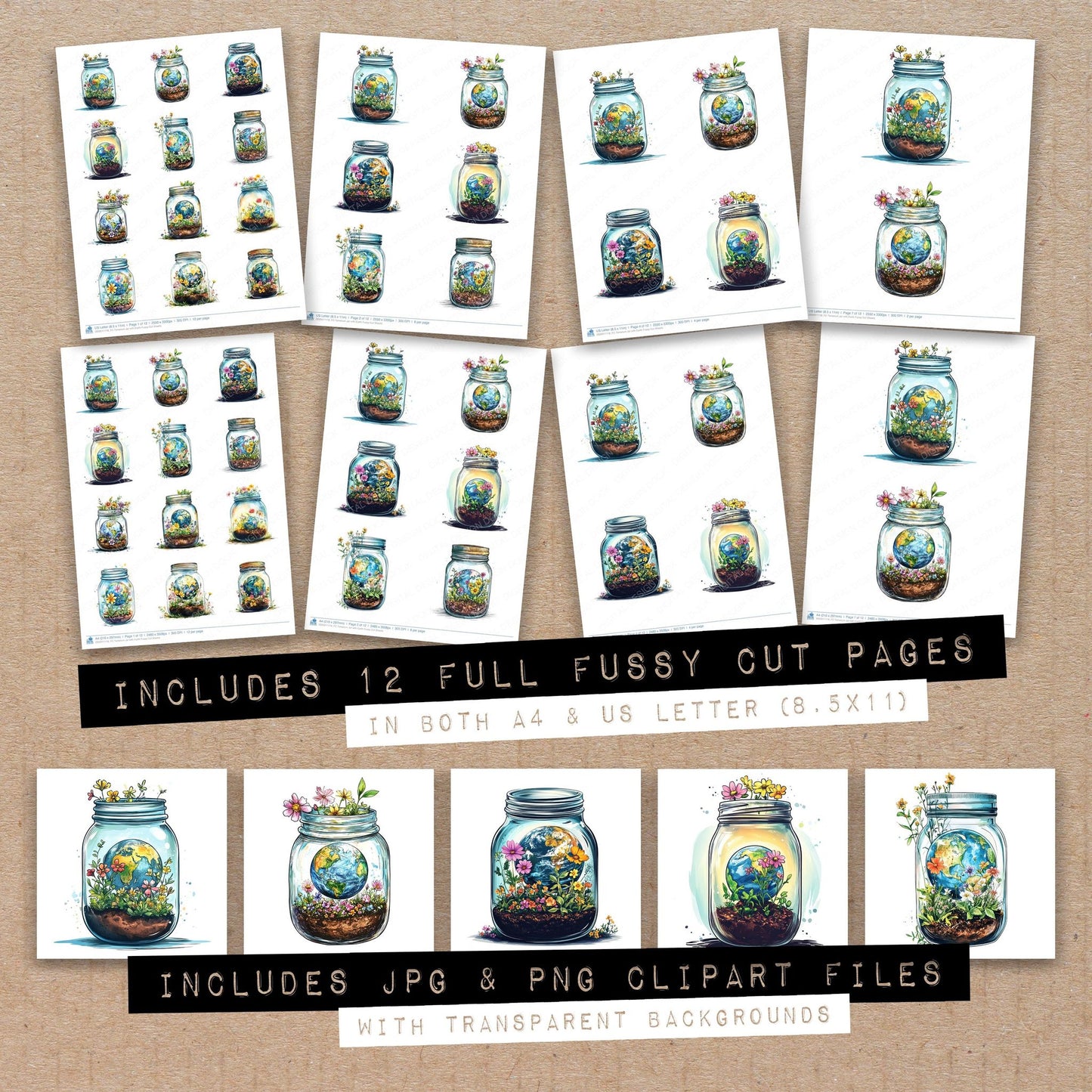 Full collection view of Terrarium Jar with Earth fussy cut sheets with bonus clipart JPG and PNG files