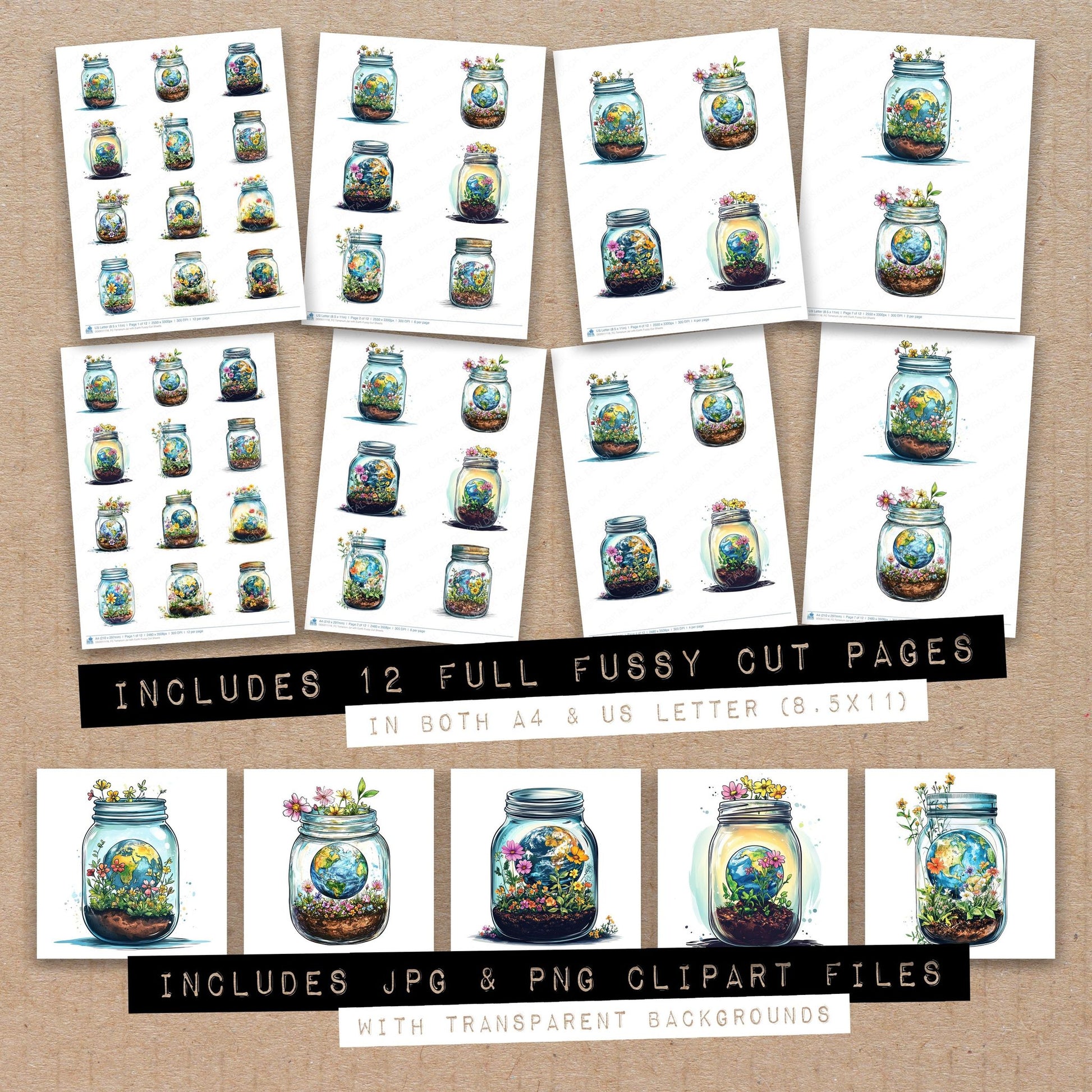 Full collection view of Terrarium Jar with Earth fussy cut sheets with bonus clipart JPG and PNG files