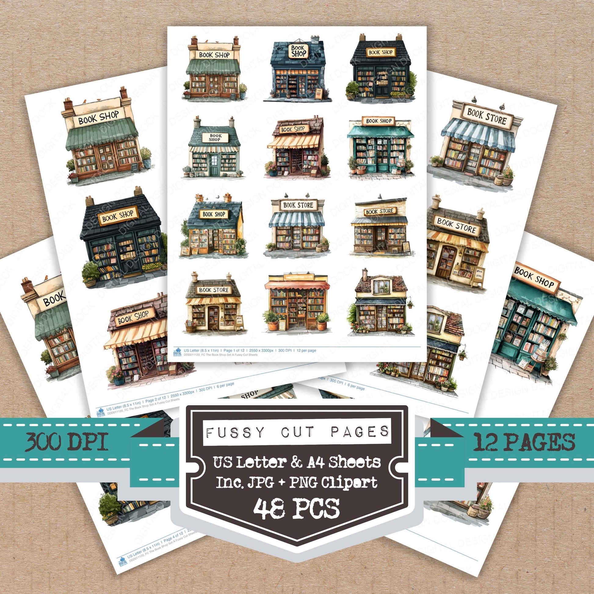 The Book Shop A fussy cut printable sheets for junk journaling, scrapbooking, and paper craft projects