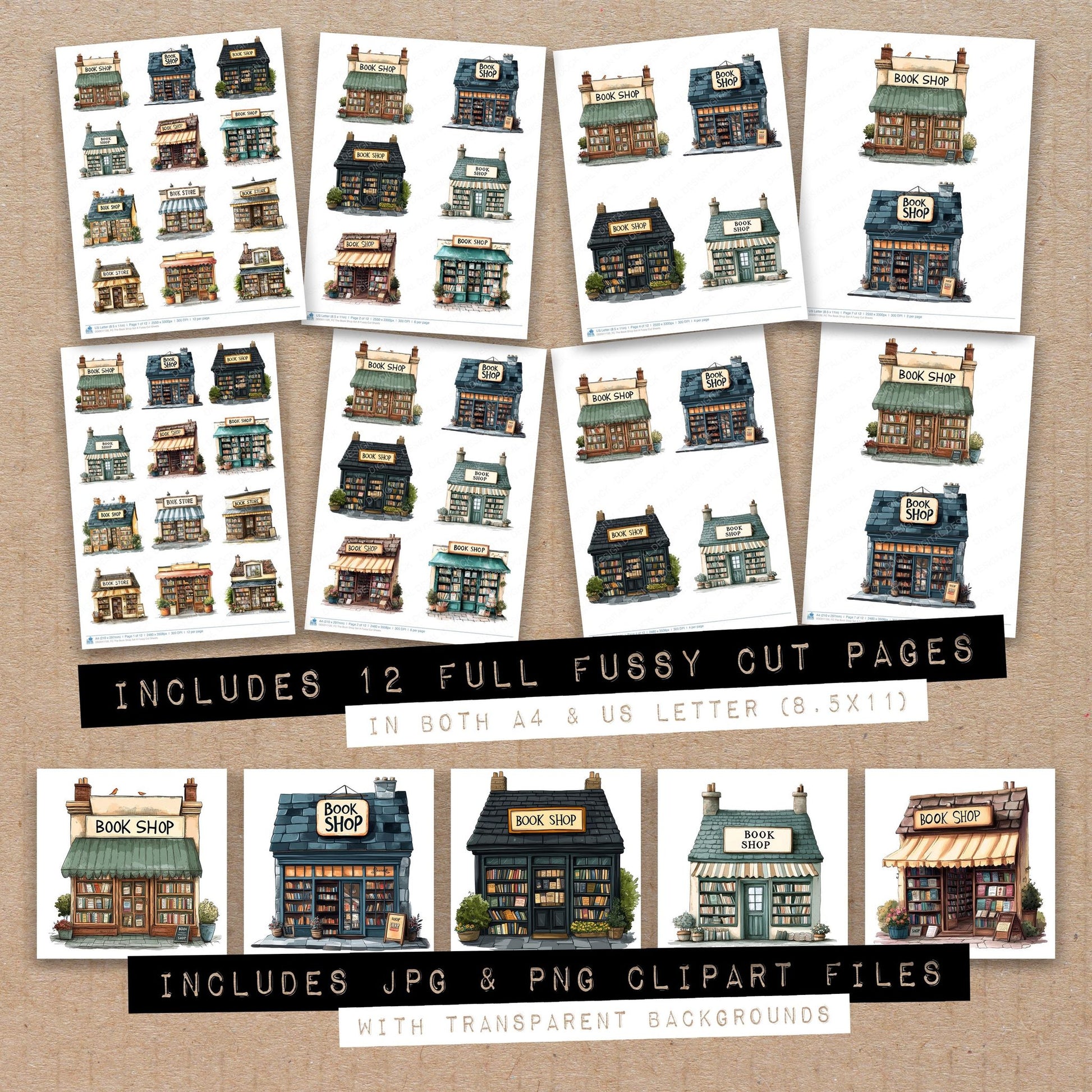 Full collection view of The Book Shop A fussy cut sheets with bonus clipart JPG and PNG files
