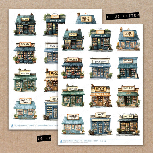A4 and US Letter format comparison showing The Book Shop B fussy cut pages for print and cut crafting
