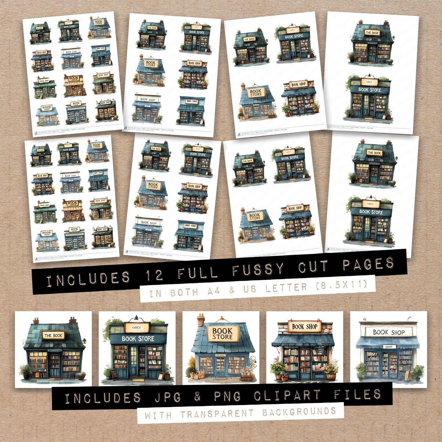 Full collection view of The Book Shop B fussy cut sheets with bonus clipart JPG and PNG files
