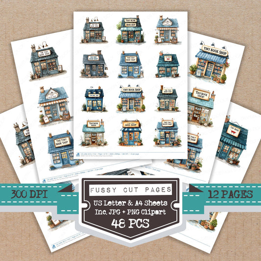 The Tiny Book Shop fussy cut printable sheets for junk journaling, scrapbooking, and paper craft projects