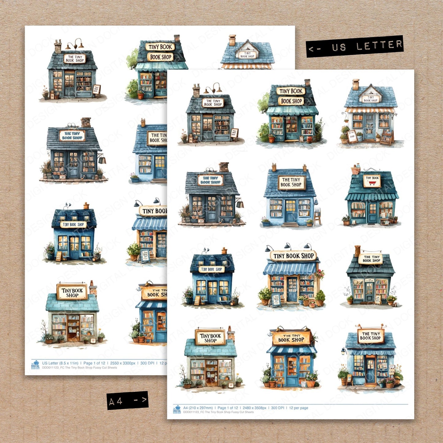 A4 and US Letter format comparison showing The Tiny Book Shop fussy cut pages for print and cut crafting