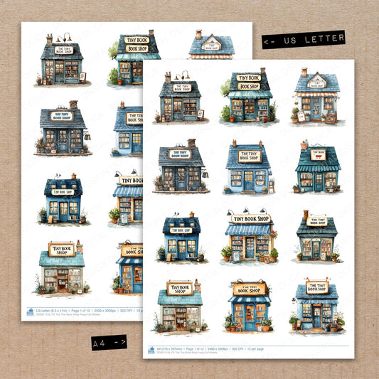 A4 and US Letter format comparison showing The Tiny Book Shop fussy cut pages for print and cut crafting