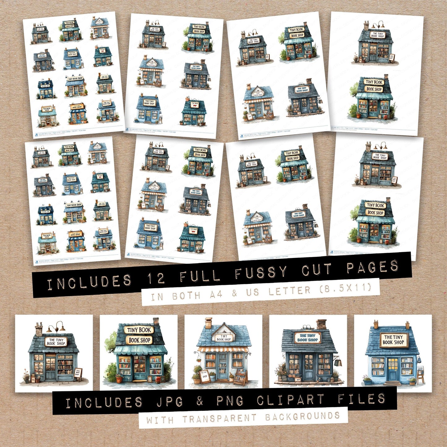 Full collection view of The Tiny Book Shop fussy cut sheets with bonus clipart JPG and PNG files