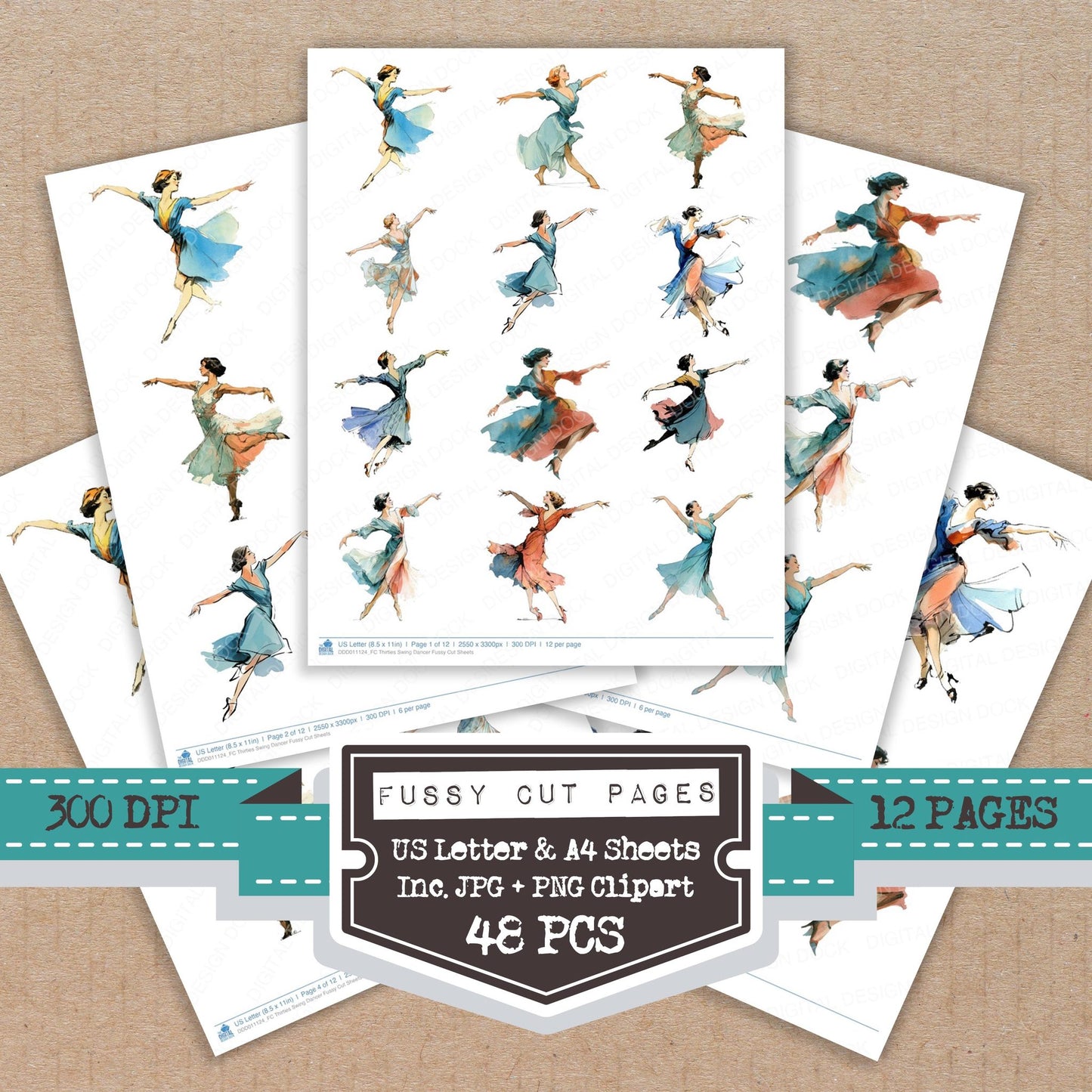 Thirties Swing Dancer fussy cut printable sheets for junk journaling, scrapbooking, and paper craft projects