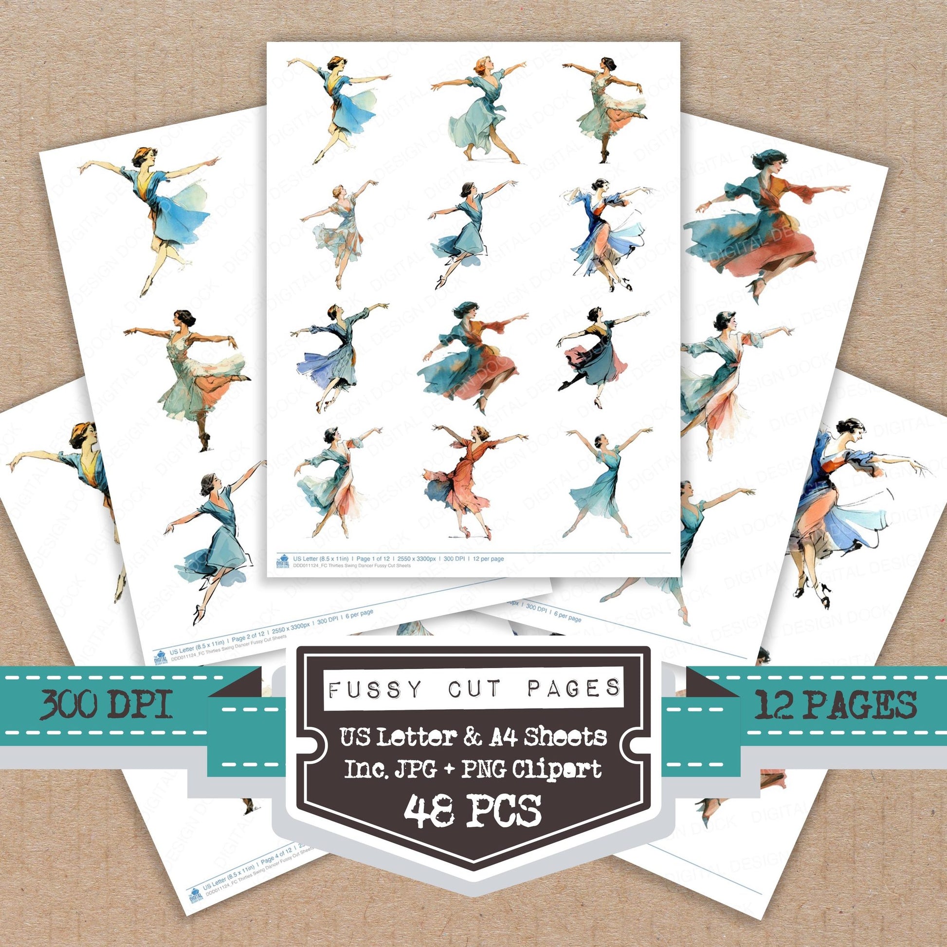 Thirties Swing Dancer fussy cut printable sheets for junk journaling, scrapbooking, and paper craft projects