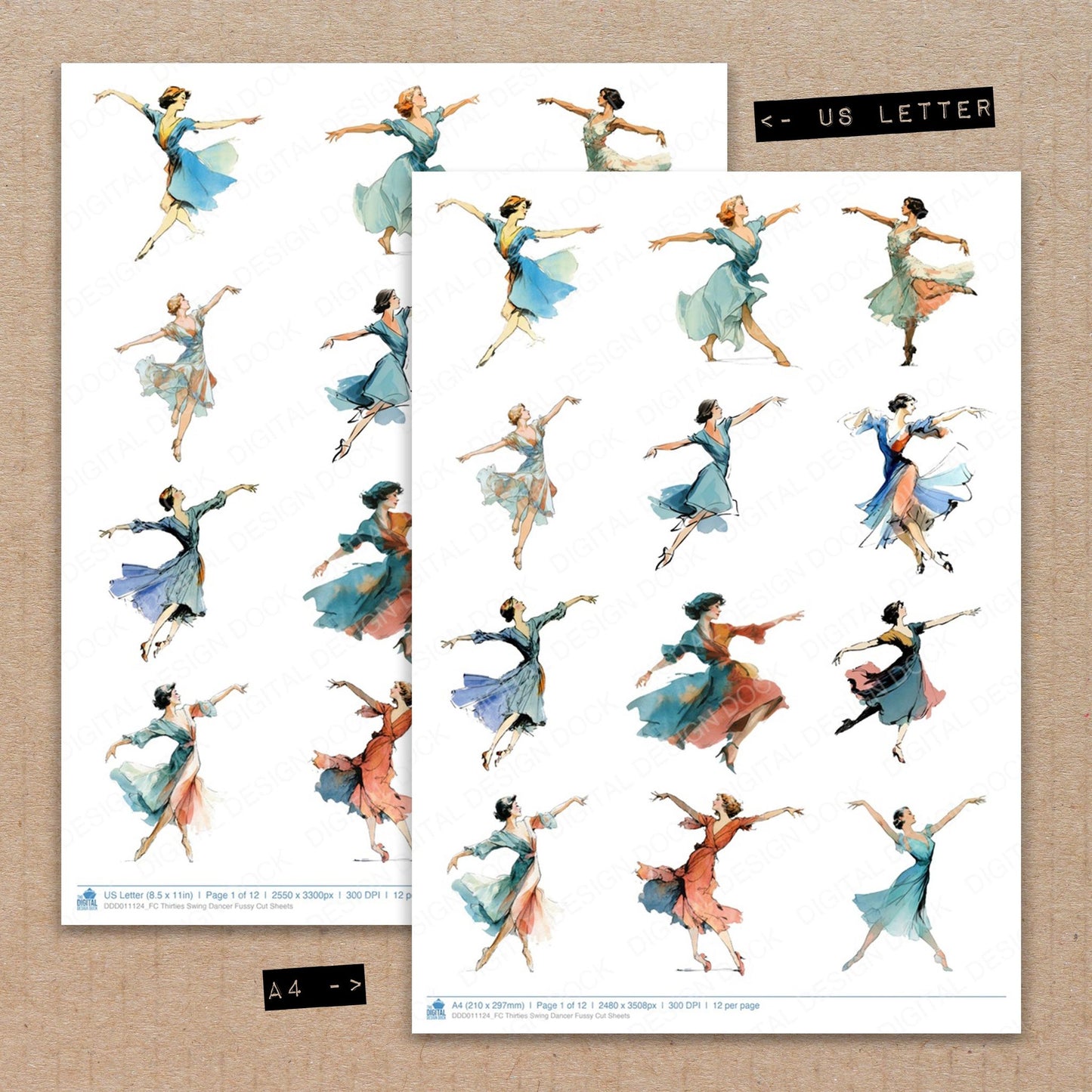 A4 and US Letter format comparison showing Thirties Swing Dancer fussy cut pages for print and cut crafting