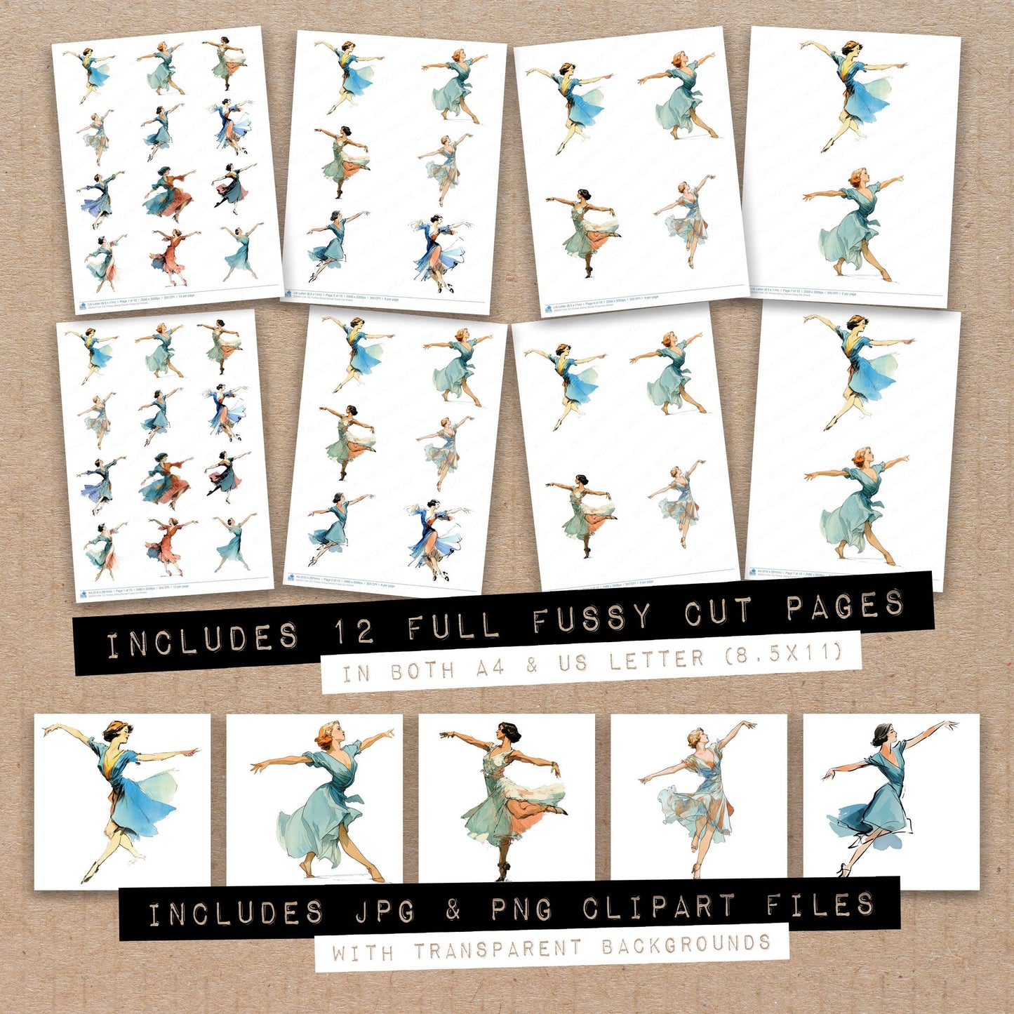 Full collection view of Thirties Swing Dancer fussy cut sheets with bonus clipart JPG and PNG files