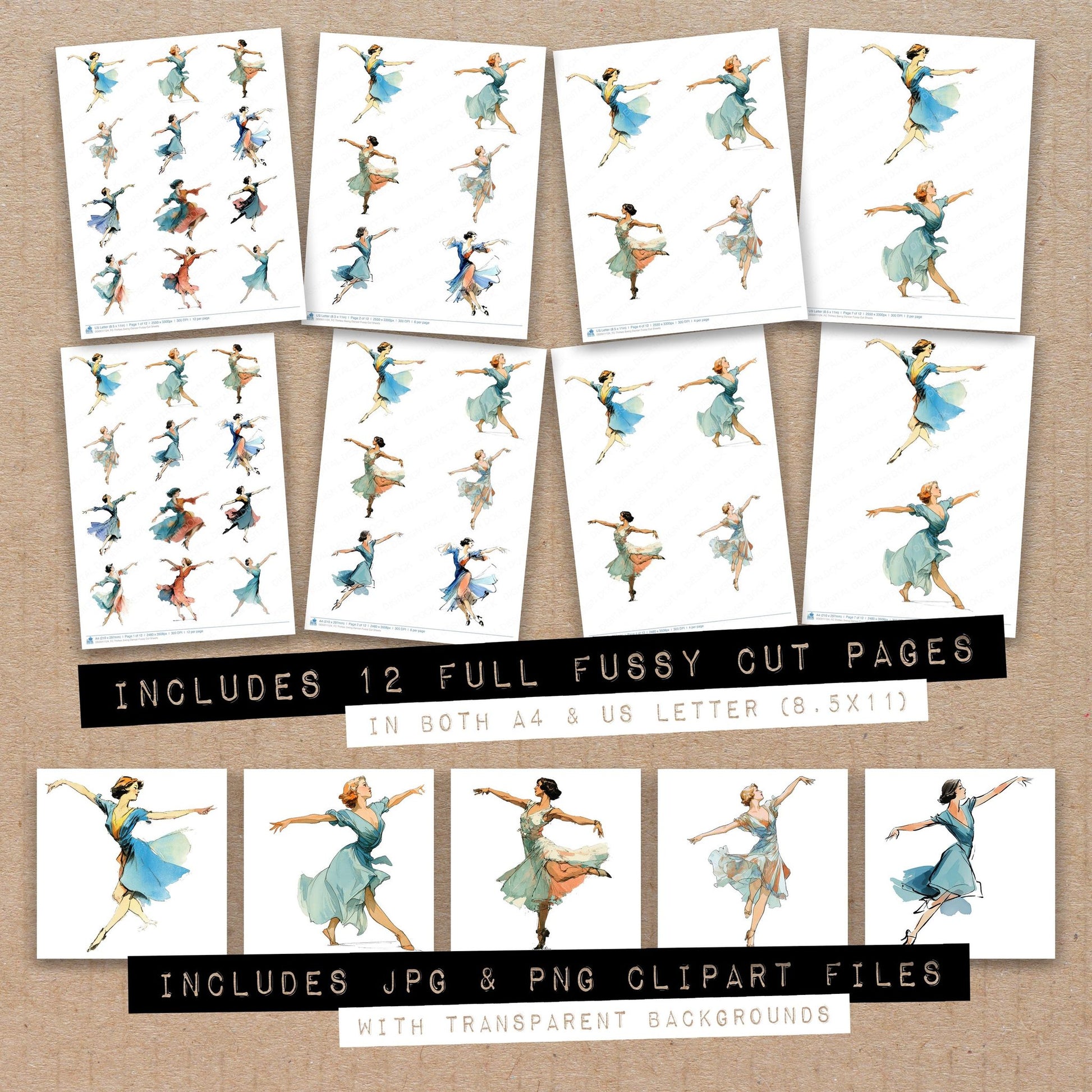 Full collection view of Thirties Swing Dancer fussy cut sheets with bonus clipart JPG and PNG files