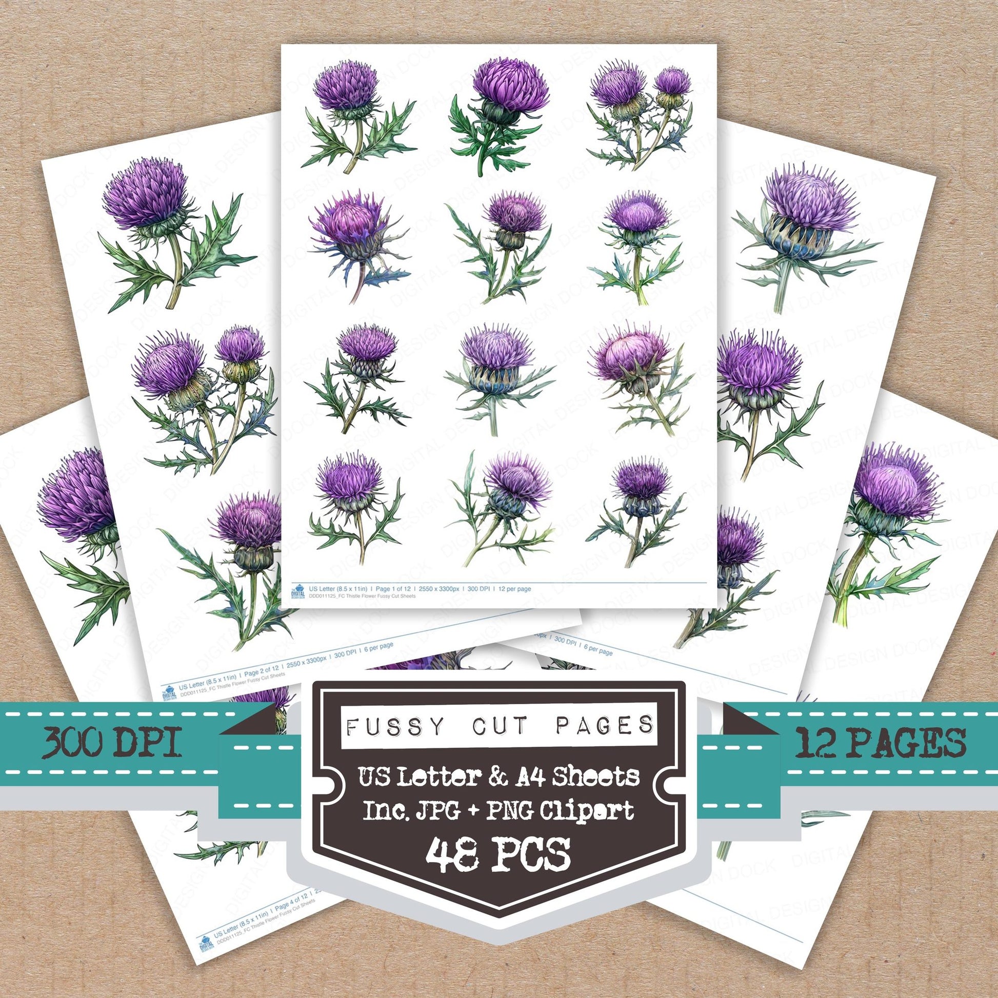 Thistle Flower fussy cut printable sheets for junk journaling, scrapbooking, and paper craft projects