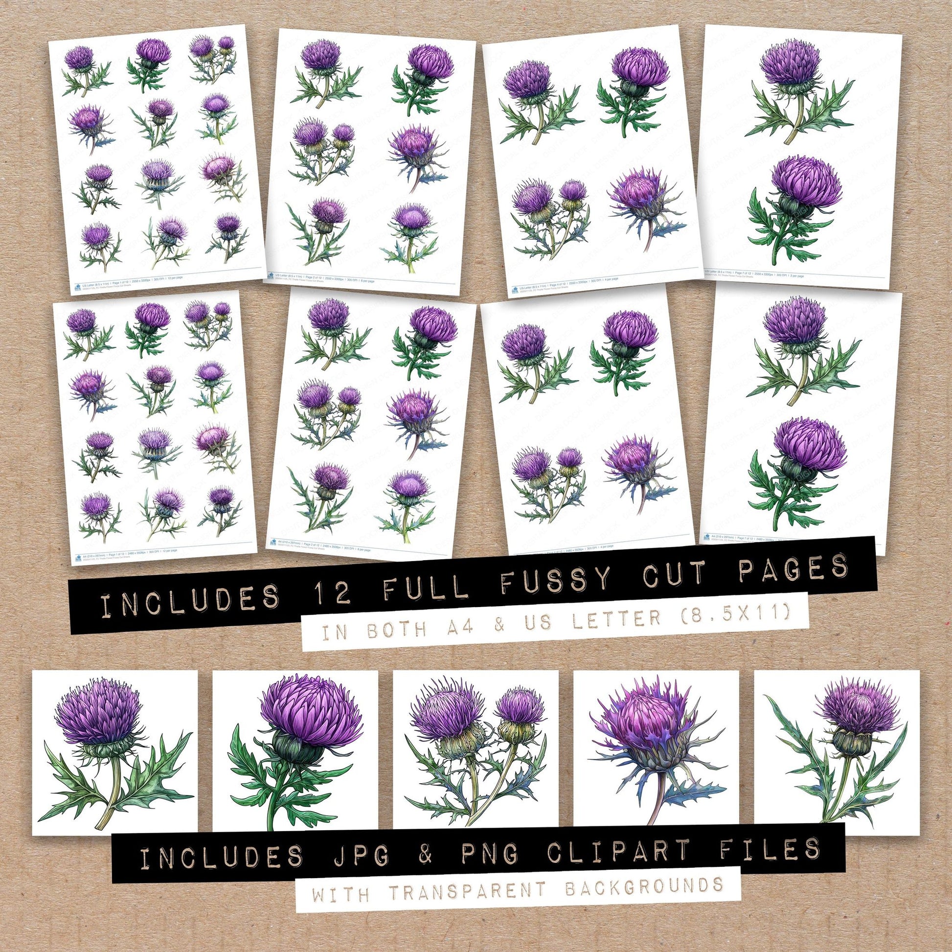 Full collection view of Thistle Flower fussy cut sheets with bonus clipart JPG and PNG files