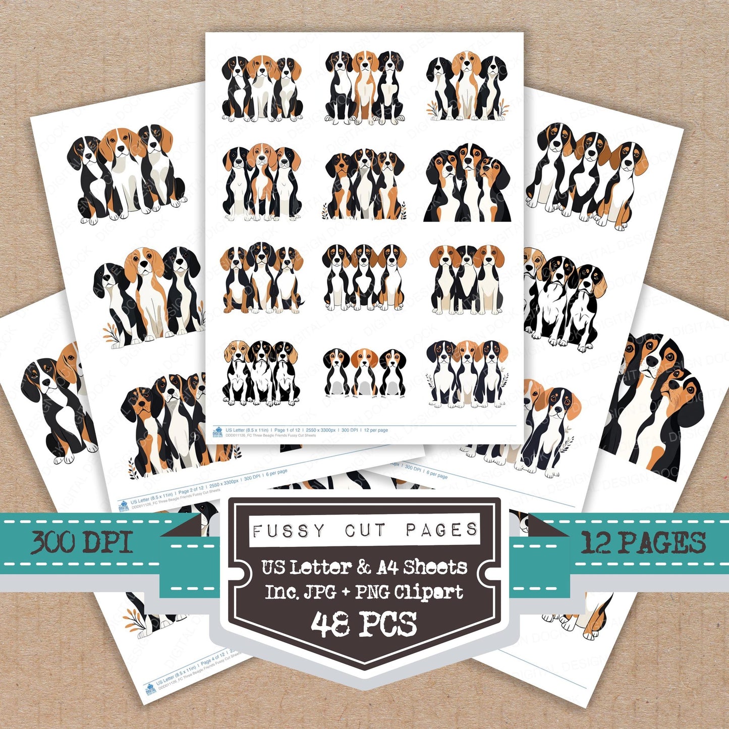 Three Beagle Friends fussy cut printable sheets for junk journaling, scrapbooking, and paper craft projects