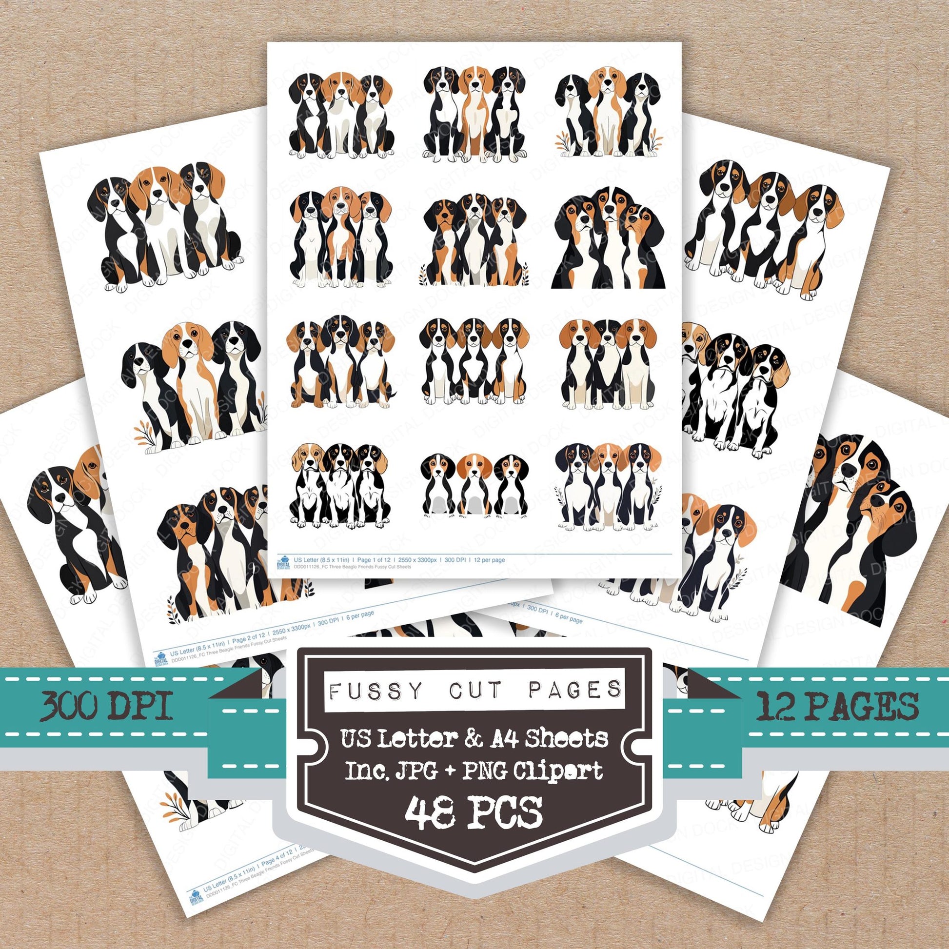 Three Beagle Friends fussy cut printable sheets for junk journaling, scrapbooking, and paper craft projects