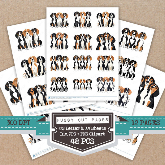 Three Beagle Friends fussy cut printable sheets for junk journaling, scrapbooking, and paper craft projects