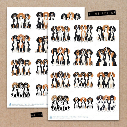 A4 and US Letter format comparison showing Three Beagle Friends fussy cut pages for print and cut crafting
