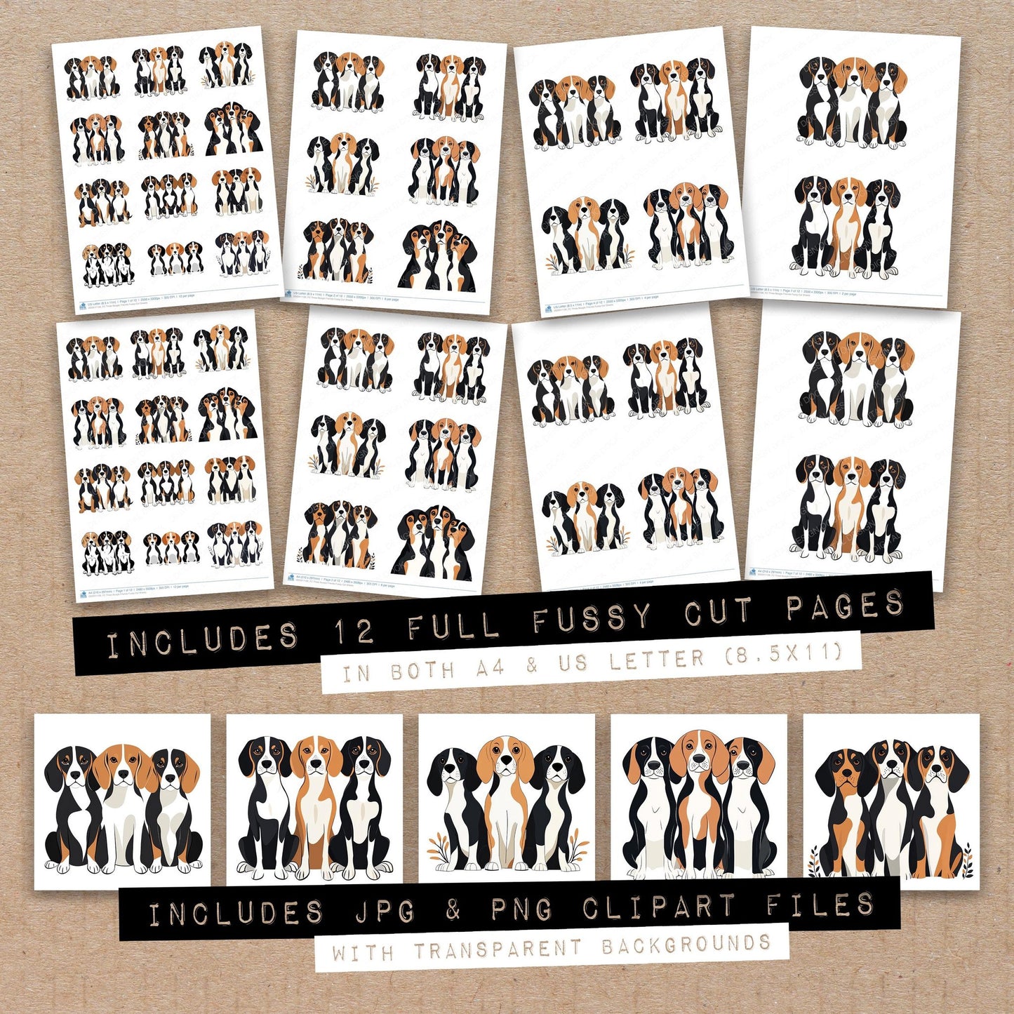 Full collection view of Three Beagle Friends fussy cut sheets with bonus clipart JPG and PNG files