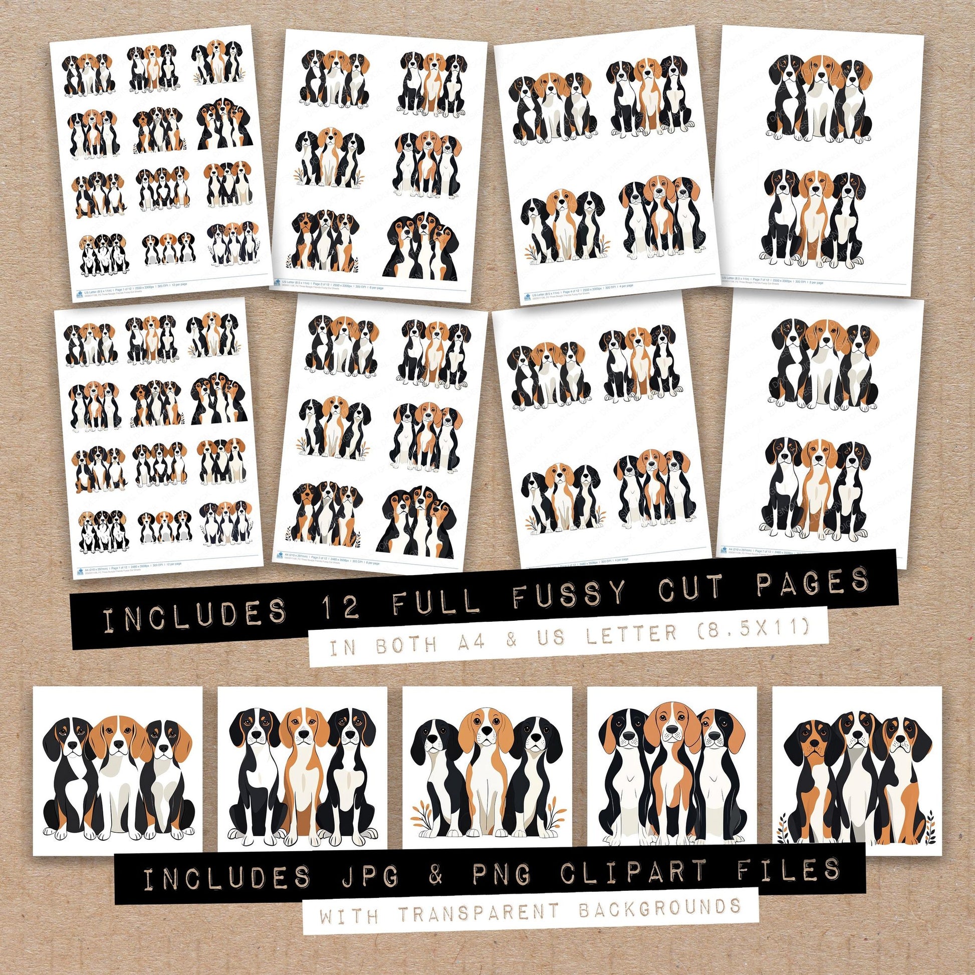 Full collection view of Three Beagle Friends fussy cut sheets with bonus clipart JPG and PNG files
