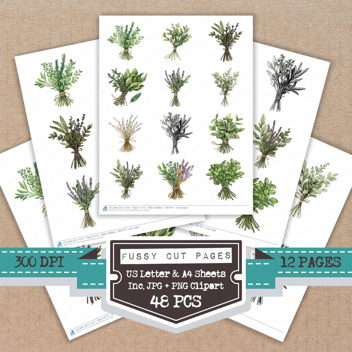 Tied Herb fussy cut printable sheets for junk journaling, scrapbooking, and paper craft projects