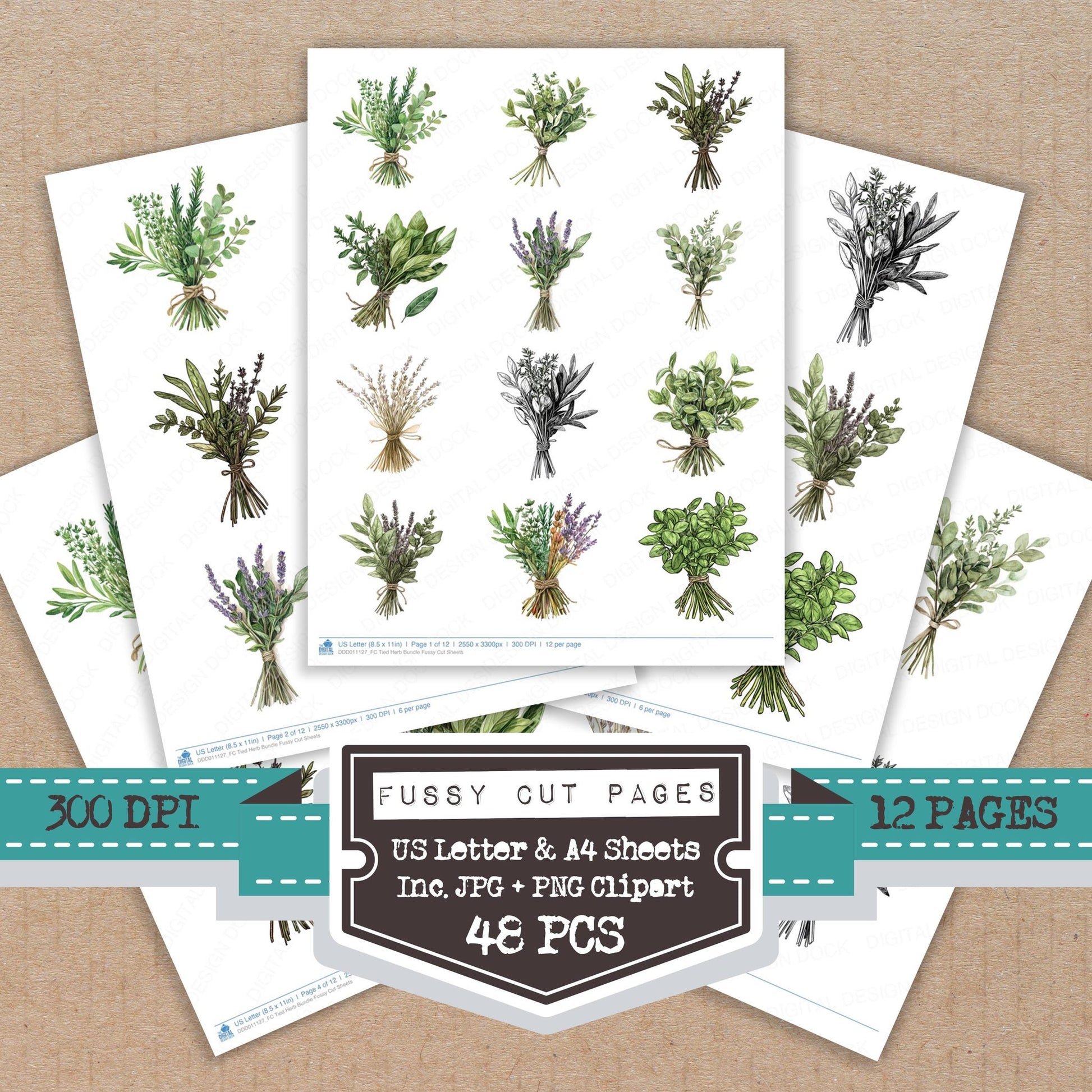 Tied Herb fussy cut printable sheets for junk journaling, scrapbooking, and paper craft projects