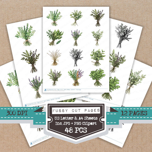 Tied Herb fussy cut printable sheets for junk journaling, scrapbooking, and paper craft projects