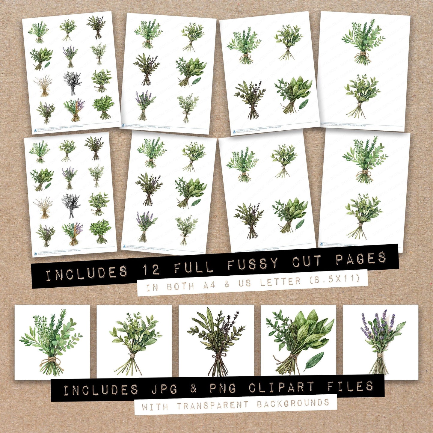 Full collection view of Tied Herb fussy cut sheets with bonus clipart JPG and PNG files