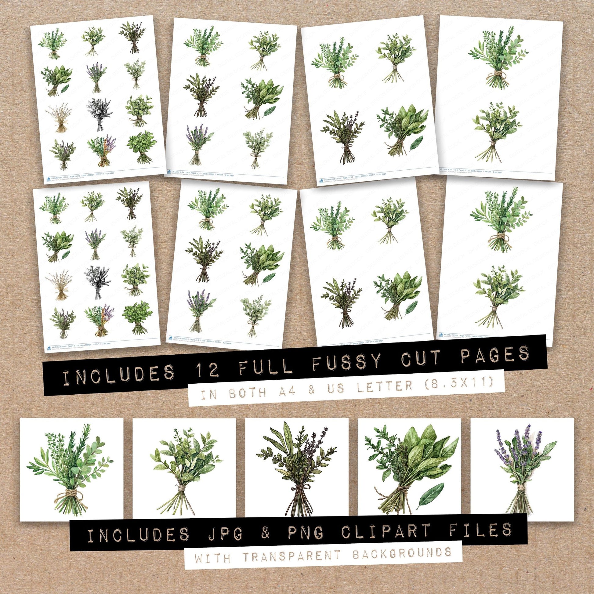Full collection view of Tied Herb fussy cut sheets with bonus clipart JPG and PNG files