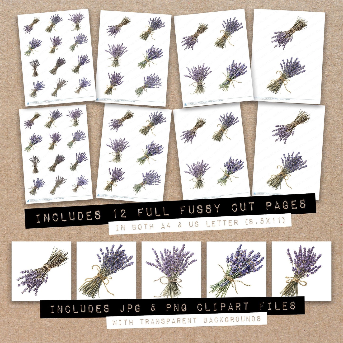 Full collection view of Tied Lavender fussy cut sheets with bonus clipart JPG and PNG files