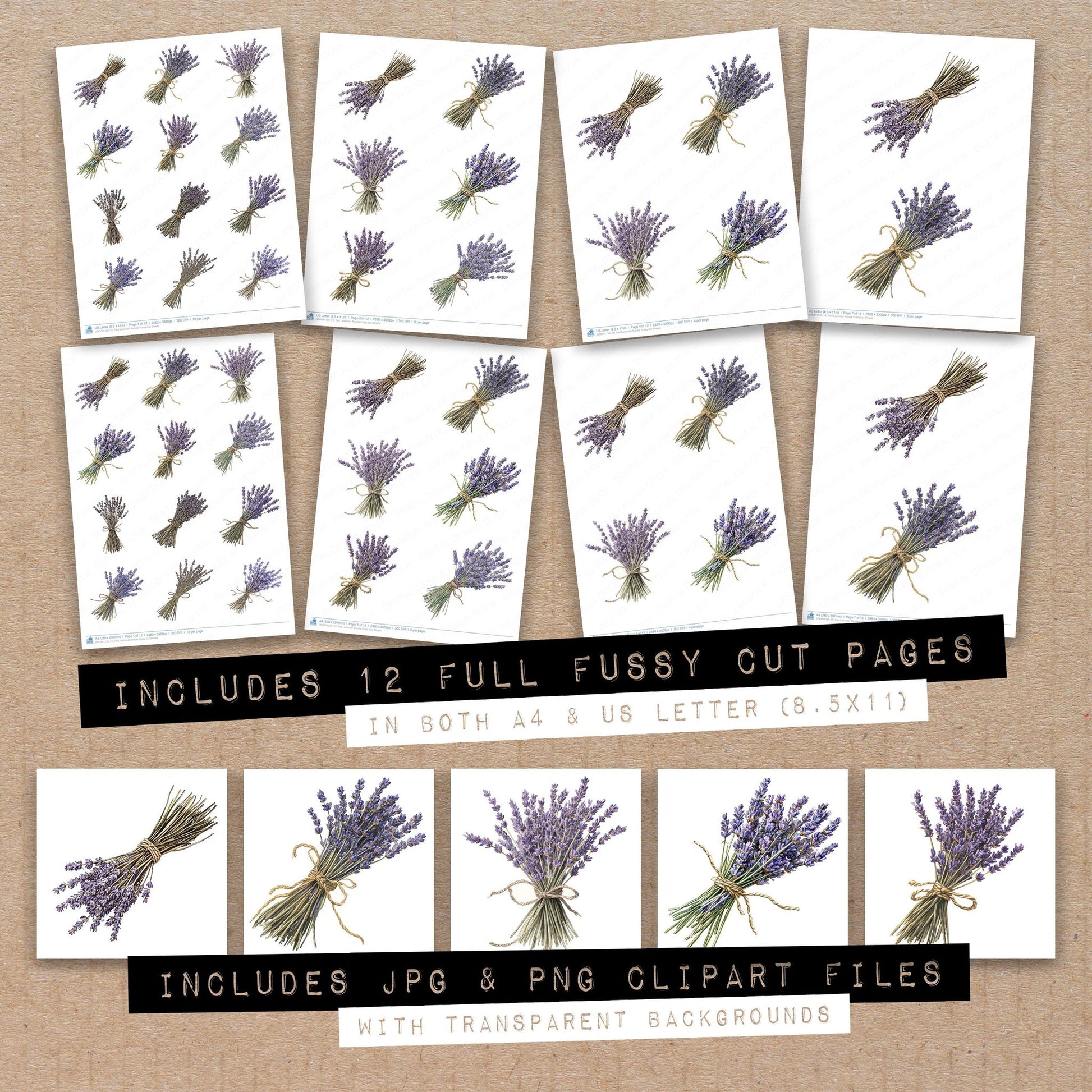 Full collection view of Tied Lavender fussy cut sheets with bonus clipart JPG and PNG files