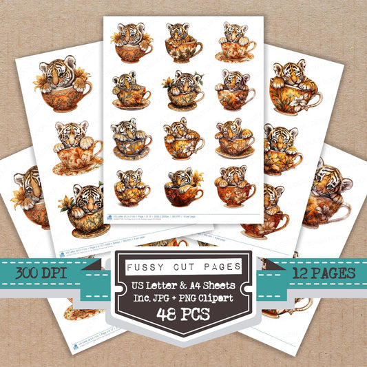 Tiger Cub in Lily Teacup fussy cut printable sheets for junk journaling, scrapbooking, and paper craft projects