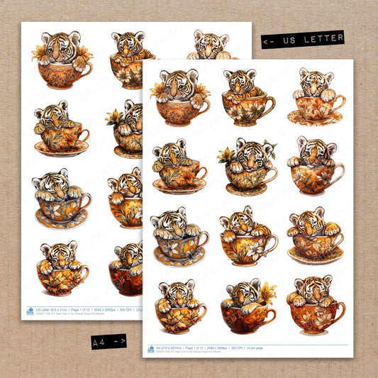 A4 and US Letter format comparison showing Tiger Cub in Lily Teacup fussy cut pages for print and cut crafting