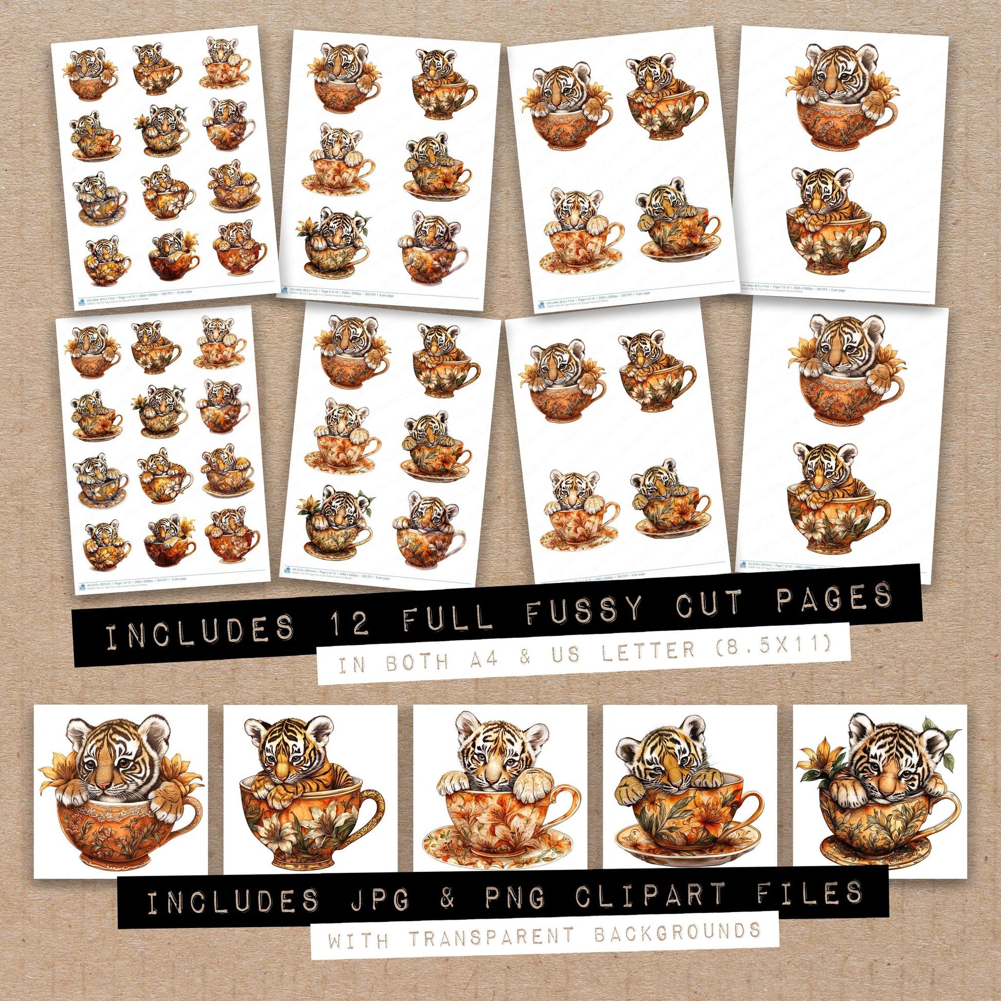 Full collection view of Tiger Cub in Lily Teacup fussy cut sheets with bonus clipart JPG and PNG files