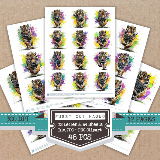 Tiger Neon Colour Splash fussy cut printable sheets for junk journaling, scrapbooking, and paper craft projects