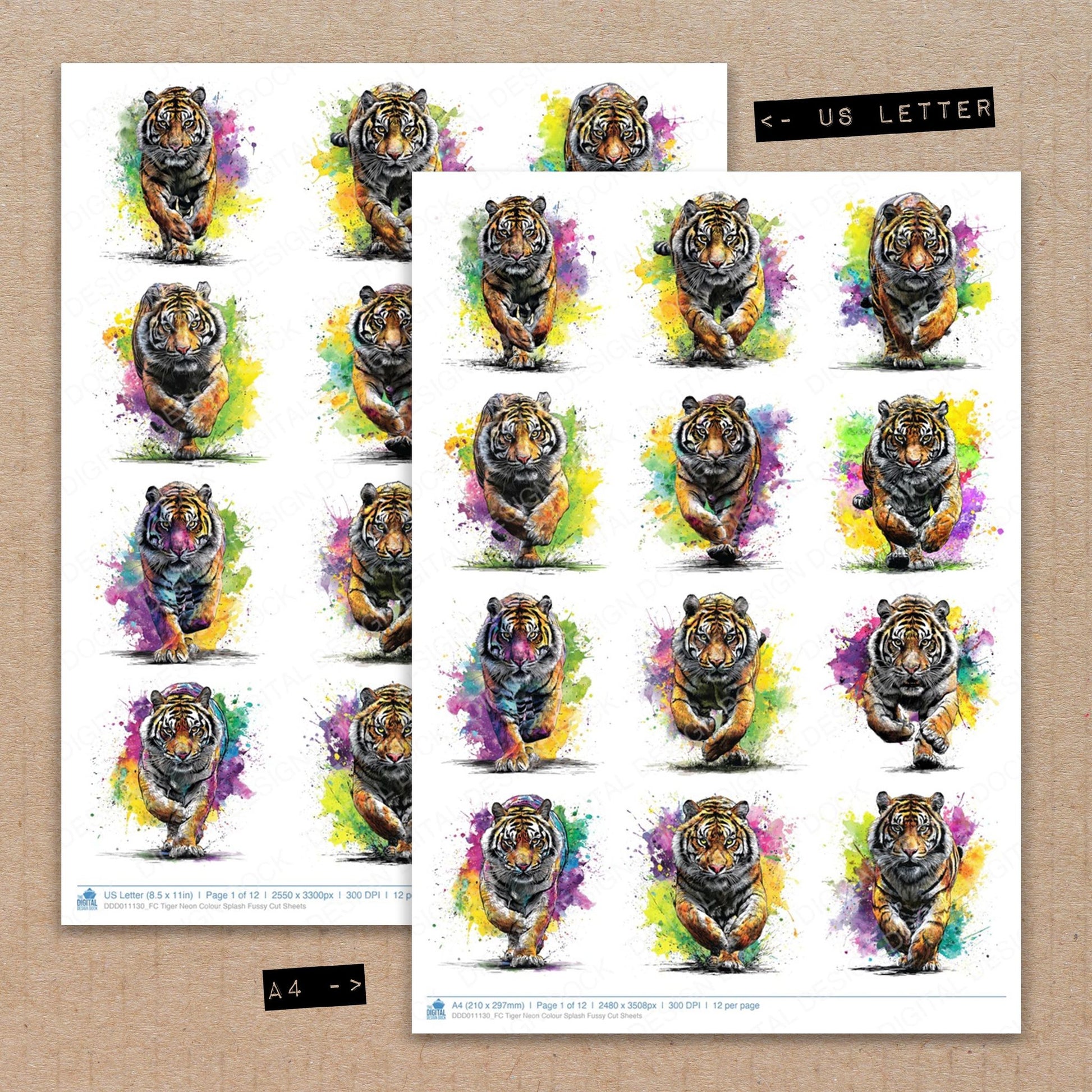 A4 and US Letter format comparison showing Tiger Neon Colour Splash fussy cut pages for print and cut crafting