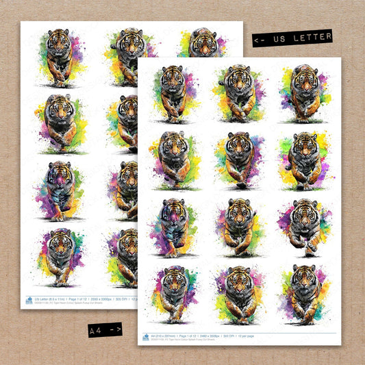 A4 and US Letter format comparison showing Tiger Neon Colour Splash fussy cut pages for print and cut crafting