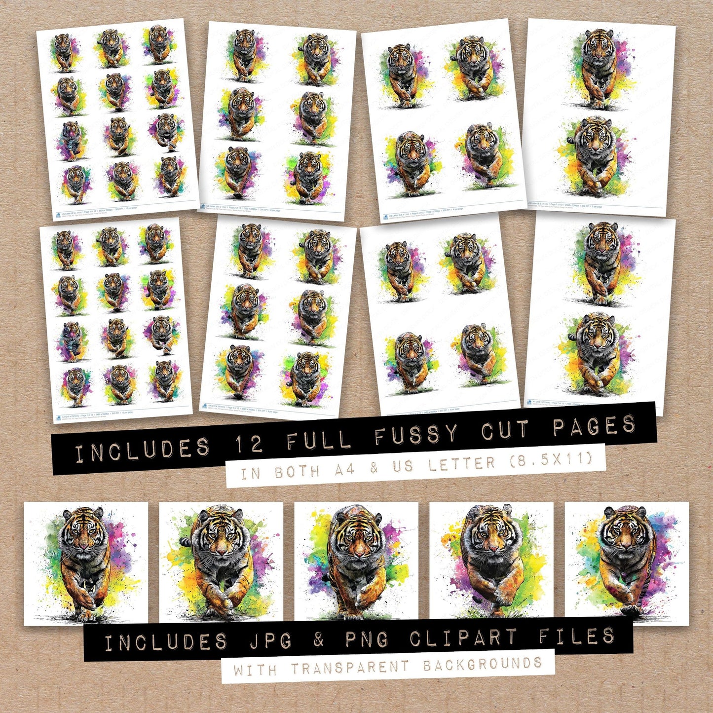 Full collection view of Tiger Neon Colour Splash fussy cut sheets with bonus clipart JPG and PNG files