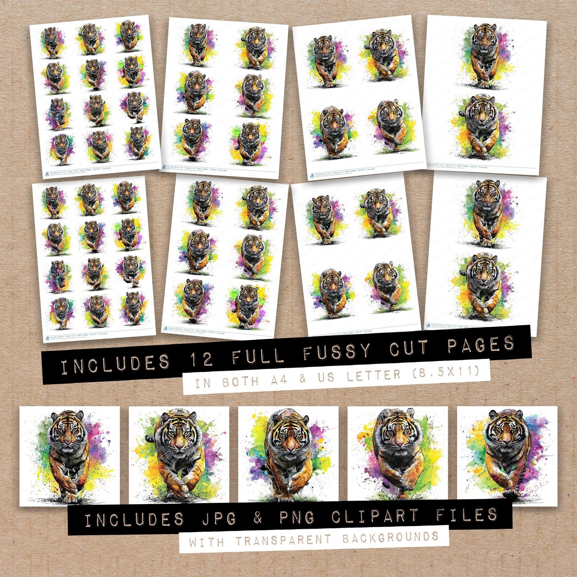 Full collection view of Tiger Neon Colour Splash fussy cut sheets with bonus clipart JPG and PNG files