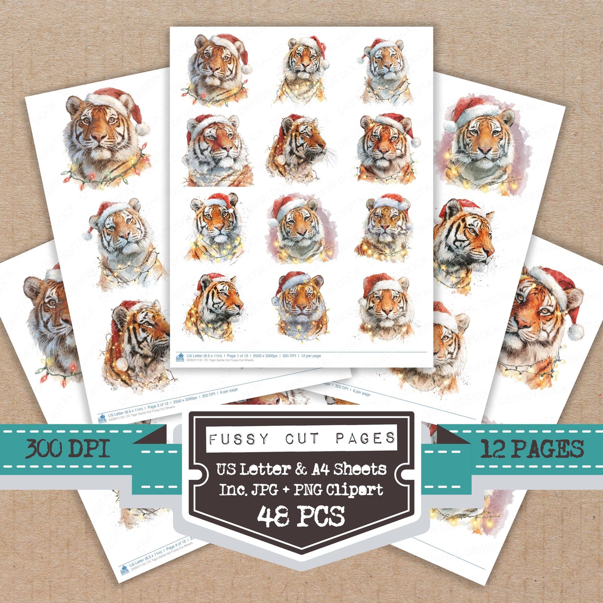 Tiger Santa Hat fussy cut printable sheets for junk journaling, scrapbooking, and paper craft projects