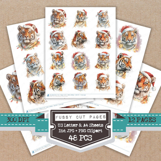 Tiger Santa Hat fussy cut printable sheets for junk journaling, scrapbooking, and paper craft projects