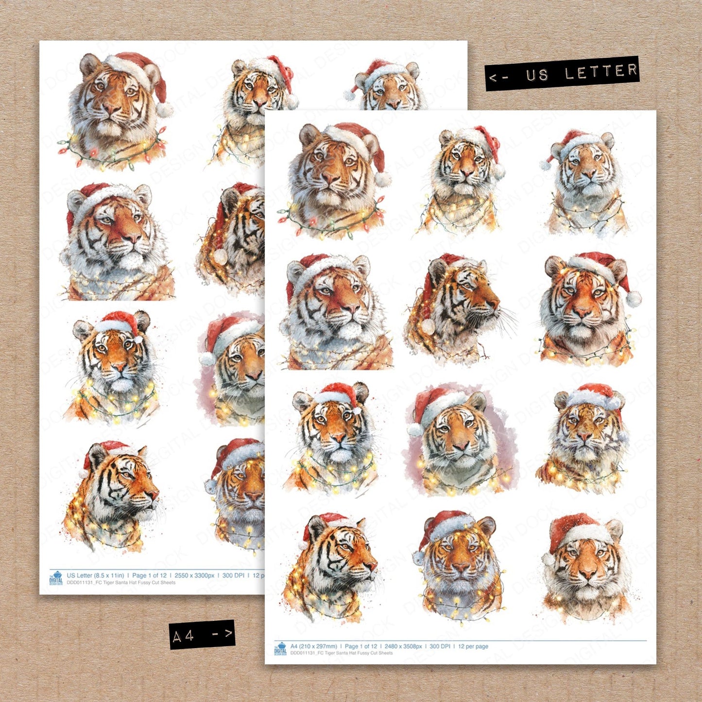 A4 and US Letter format comparison showing Tiger Santa Hat fussy cut pages for print and cut crafting