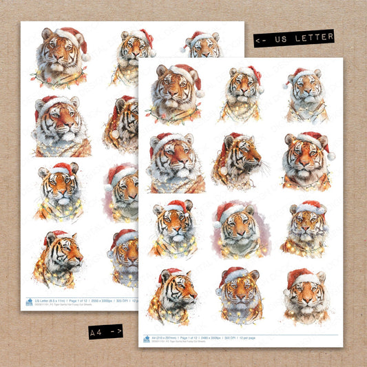 A4 and US Letter format comparison showing Tiger Santa Hat fussy cut pages for print and cut crafting