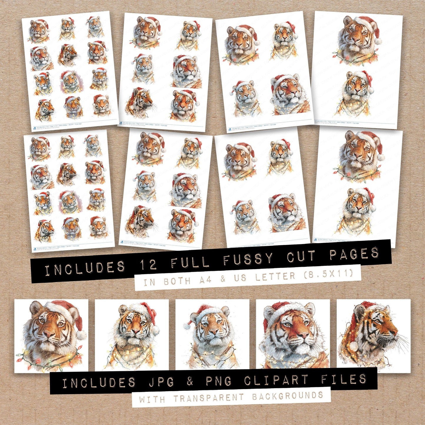 Full collection view of Tiger Santa Hat fussy cut sheets with bonus clipart JPG and PNG files