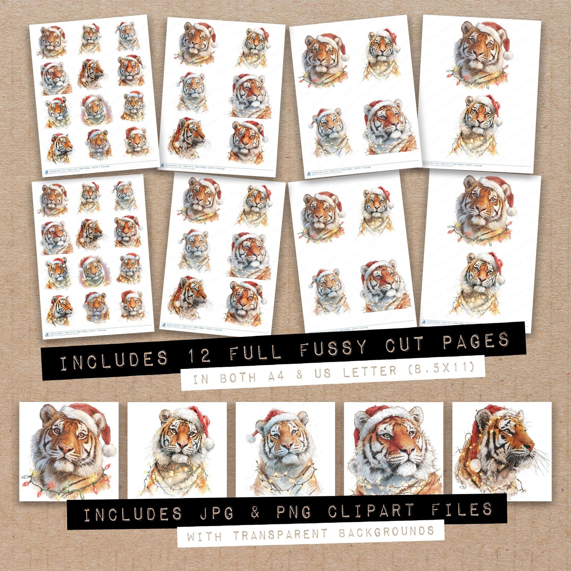 Full collection view of Tiger Santa Hat fussy cut sheets with bonus clipart JPG and PNG files