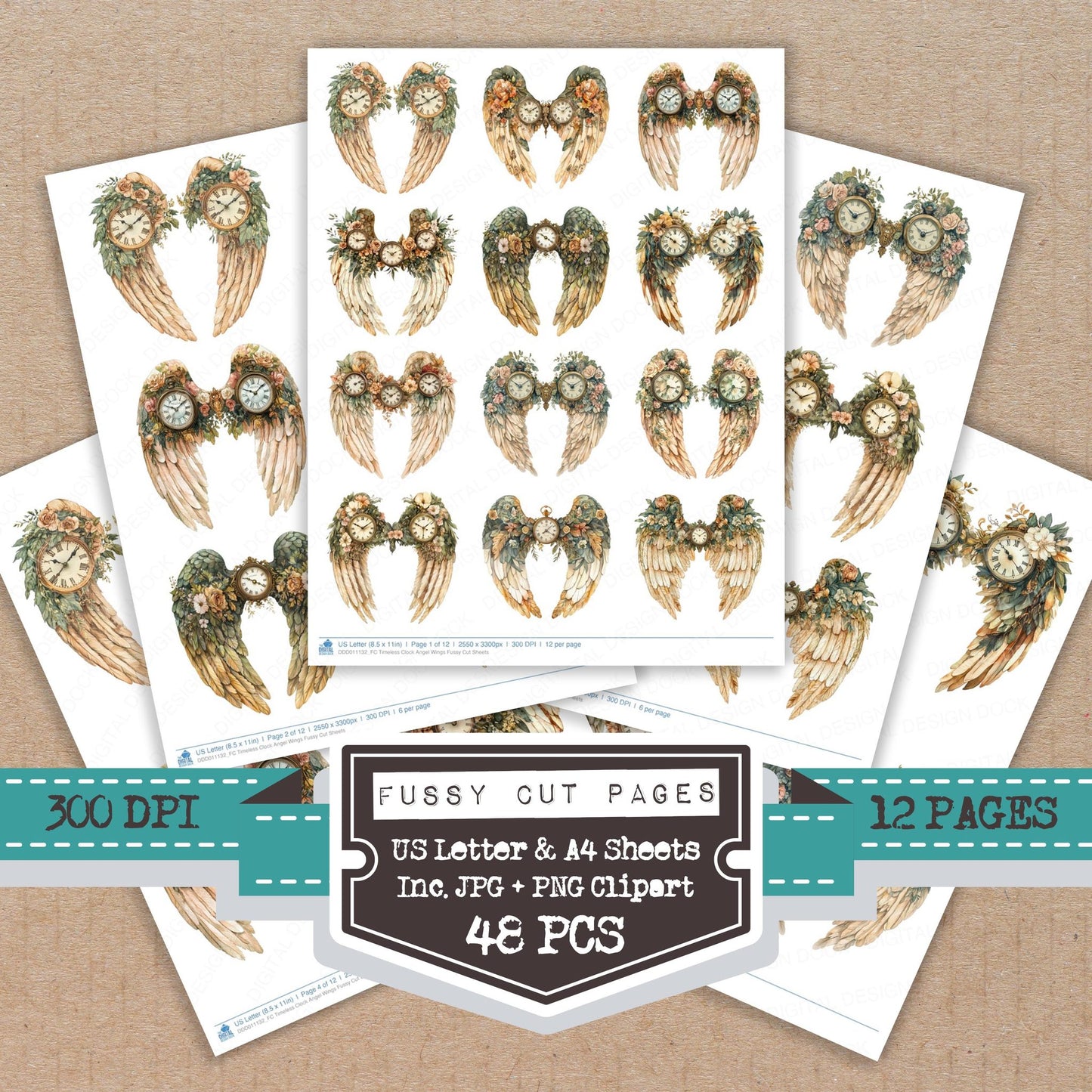 Timeless Clock Angel Wings fussy cut printable sheets for junk journaling, scrapbooking, and paper craft projects